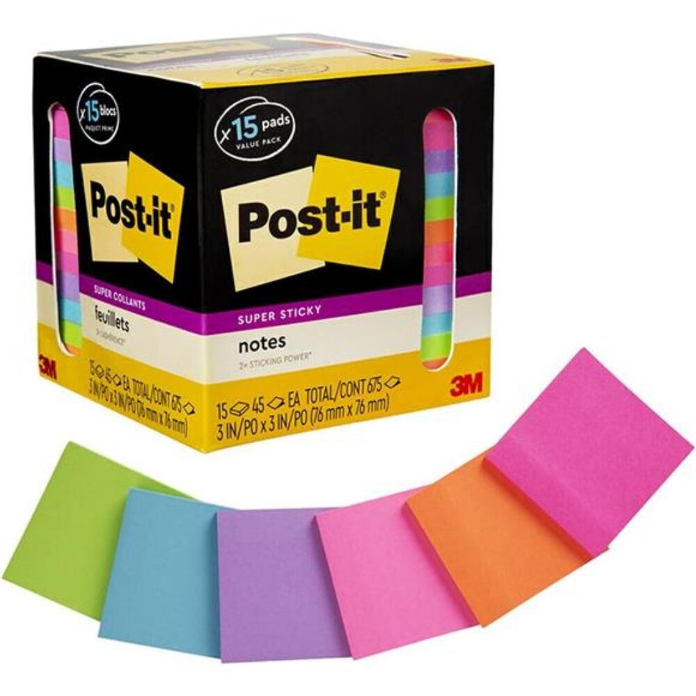 Post-it Super Sticky Notes, 3x3 in, Assorted Colors,‎ 15 Pads, 45 Sheets/Pad